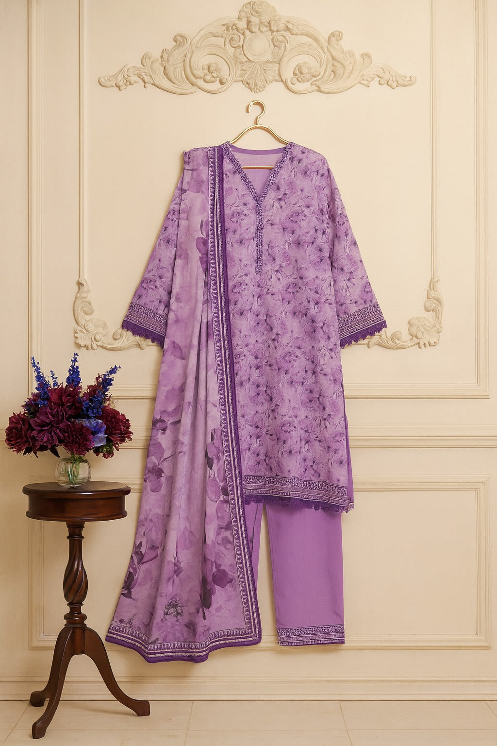 Lavender Floral Printed 3-Piece Lawn Suit