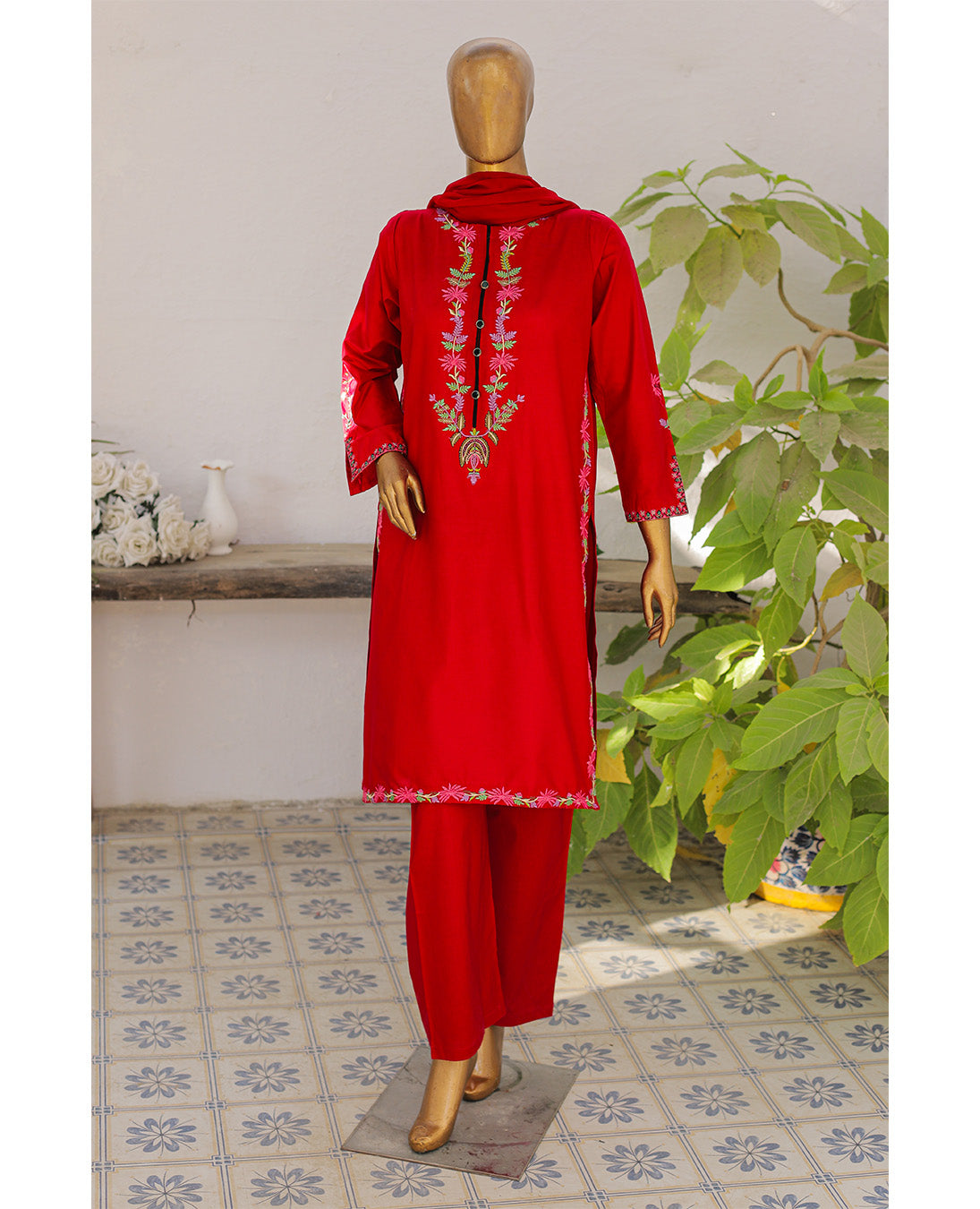 Red Floral Embroidered 3-Piece