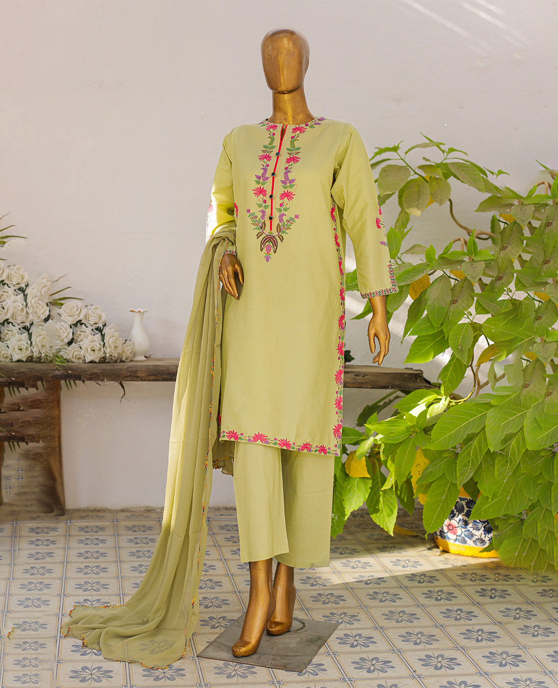 Pistachio Green Floral Embroidered 3-Piece