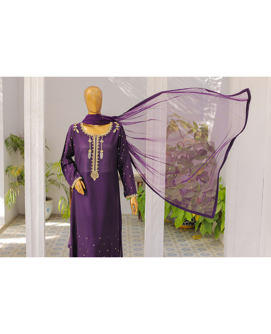 Purple Golden Embroidered 3-Piece