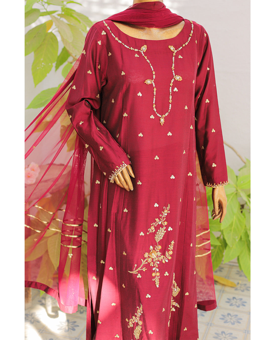 Maroon Gold Embroidered 3-Piece