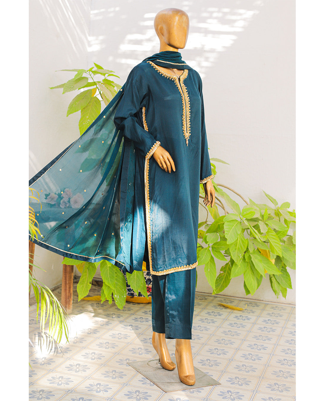Teal Blue Embroidered 3-Piece
