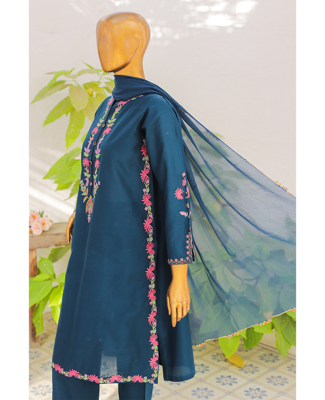Navy Blue Floral Embroidered 3-Piece