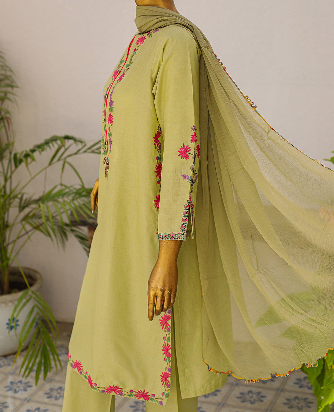 Pistachio Green Floral Embroidered 3-Piece