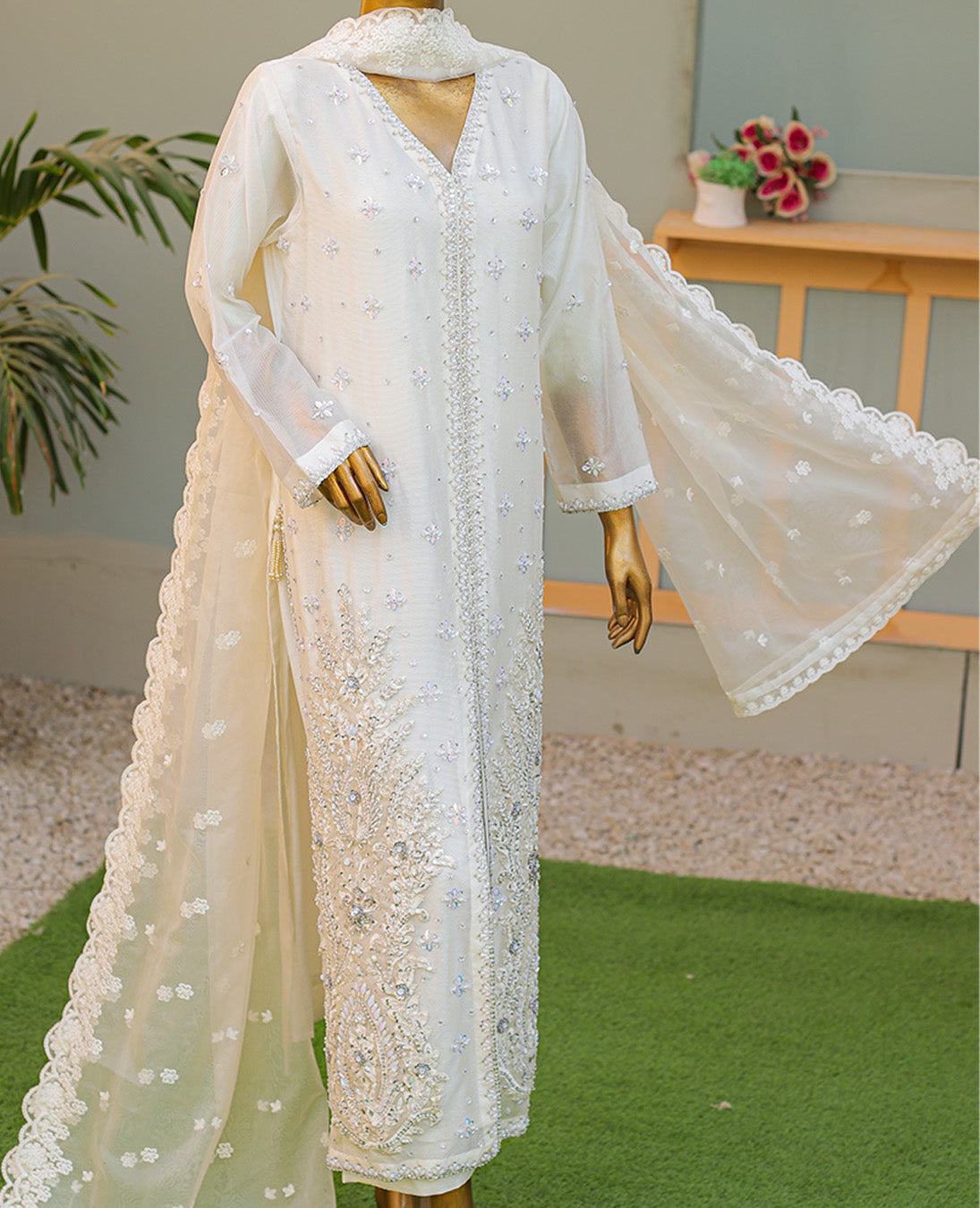 White Silver Embellished 3-Piece