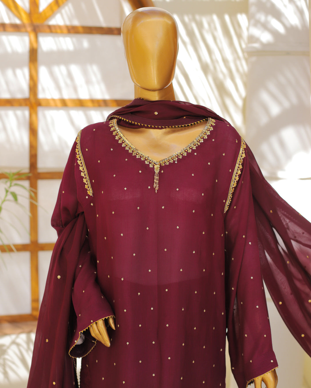 Deep Maroon Embroidered 3-Piece Suit