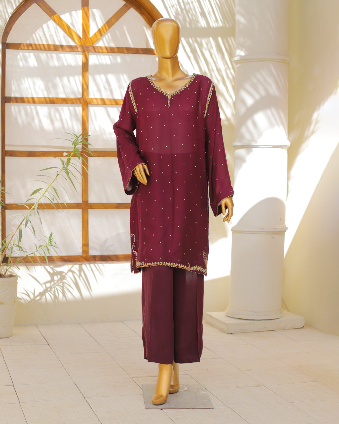 Deep Maroon Embroidered 3-Piece Suit