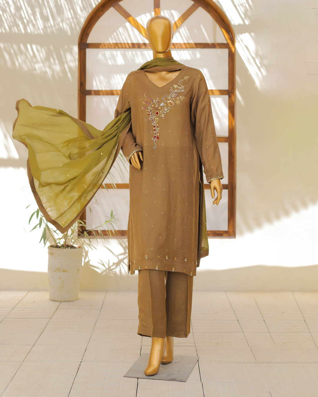 Mocha Brown Embroidered 3-Piece Suit
