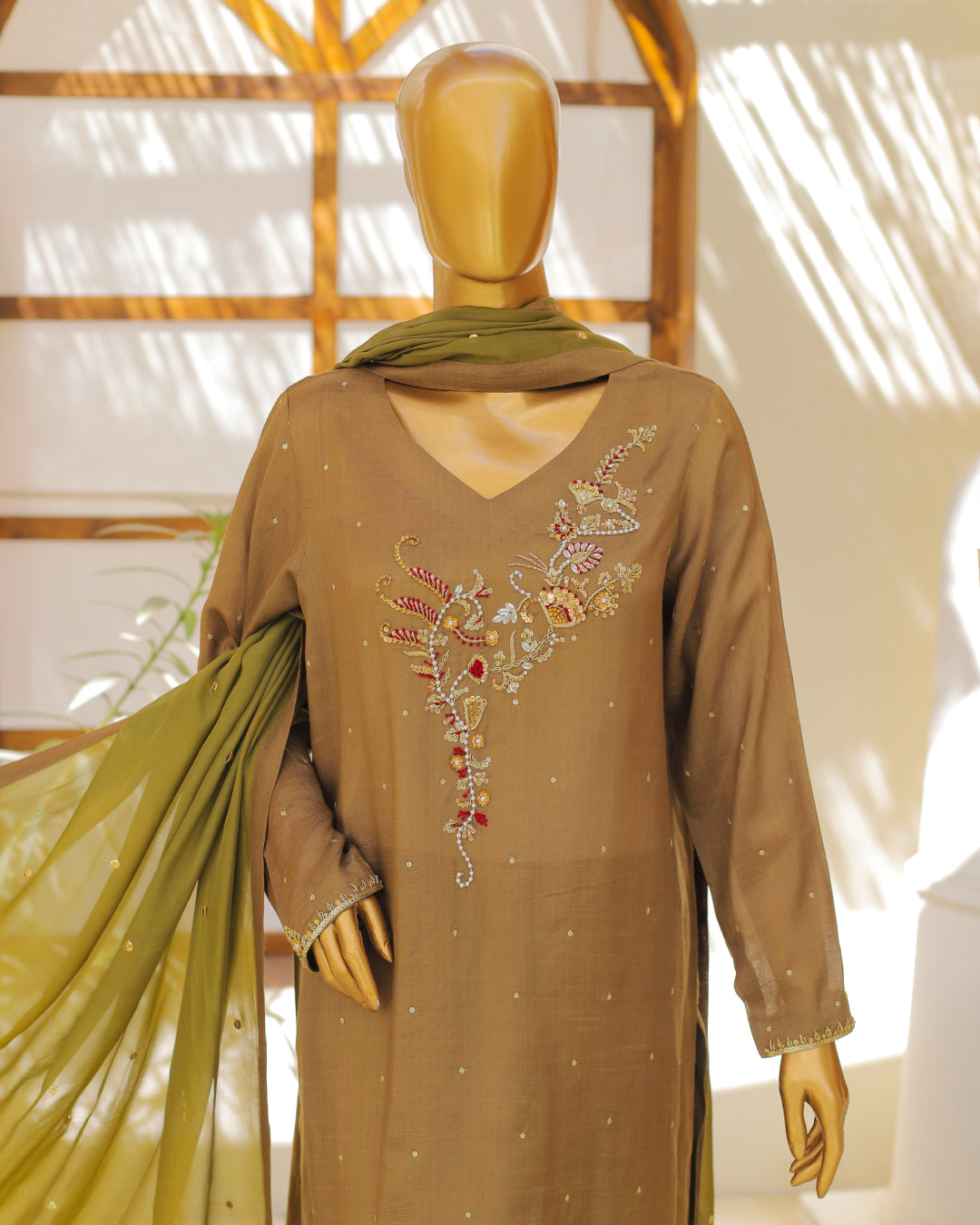 Mocha Brown Embroidered 3-Piece Suit