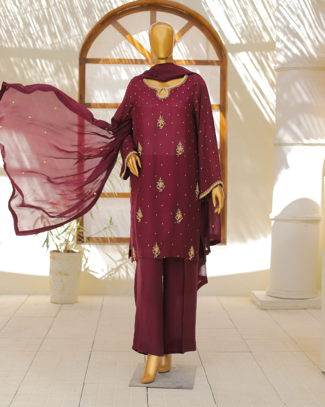 Maroon Embroidered 3-Piece Suit