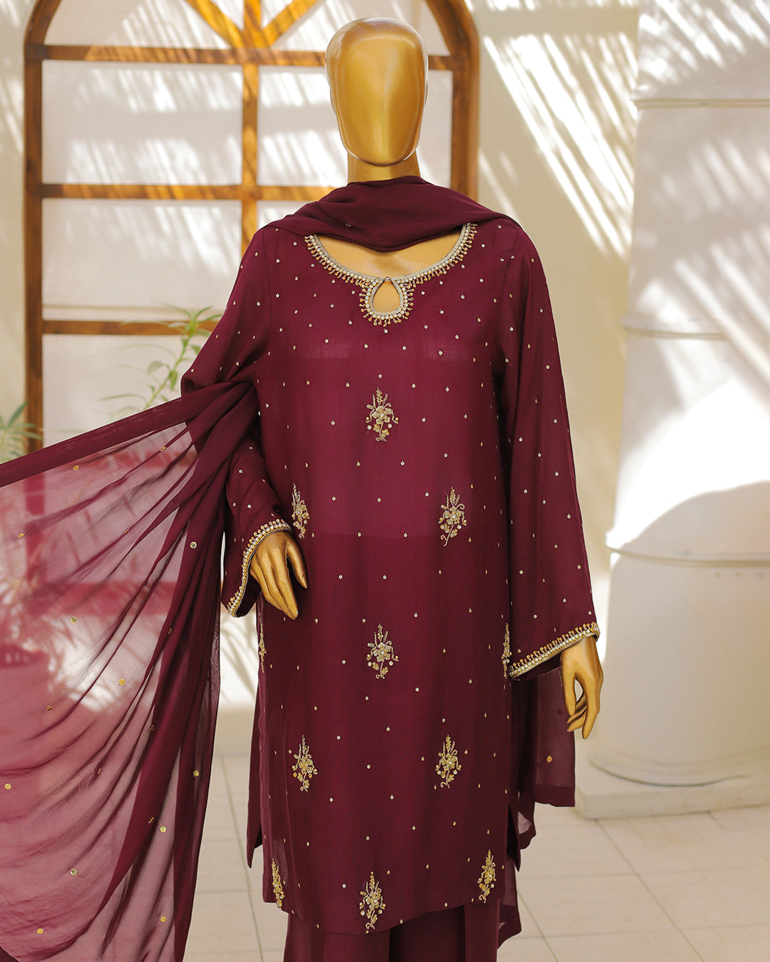 Maroon Embroidered 3-Piece Suit