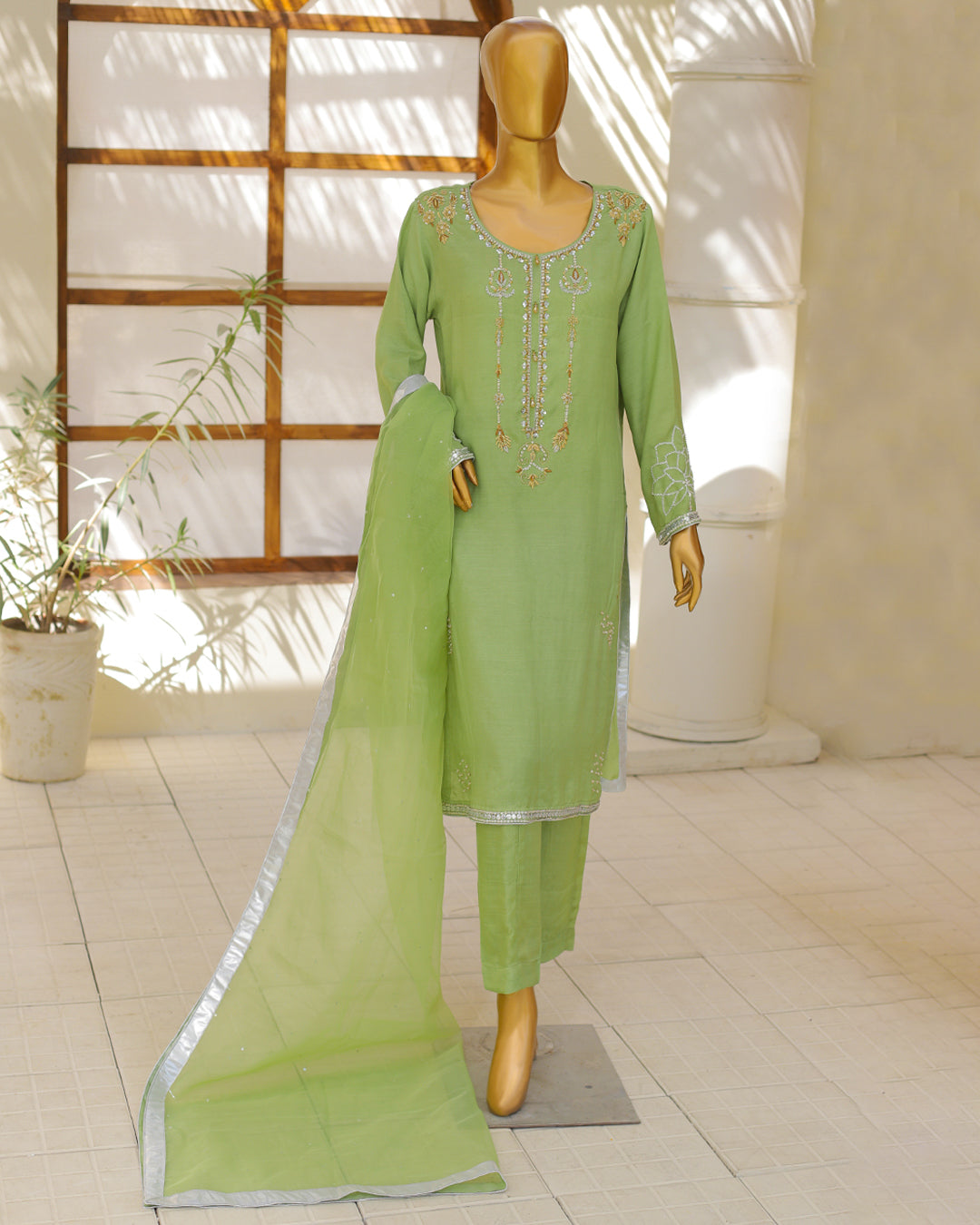 Pistachio Green Embroidered 3-Piece Suit