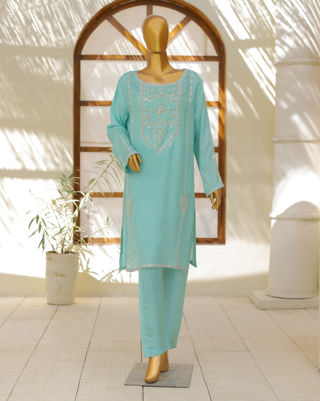 Aqua Blue Luxury Embroidered 3-Piece Suit