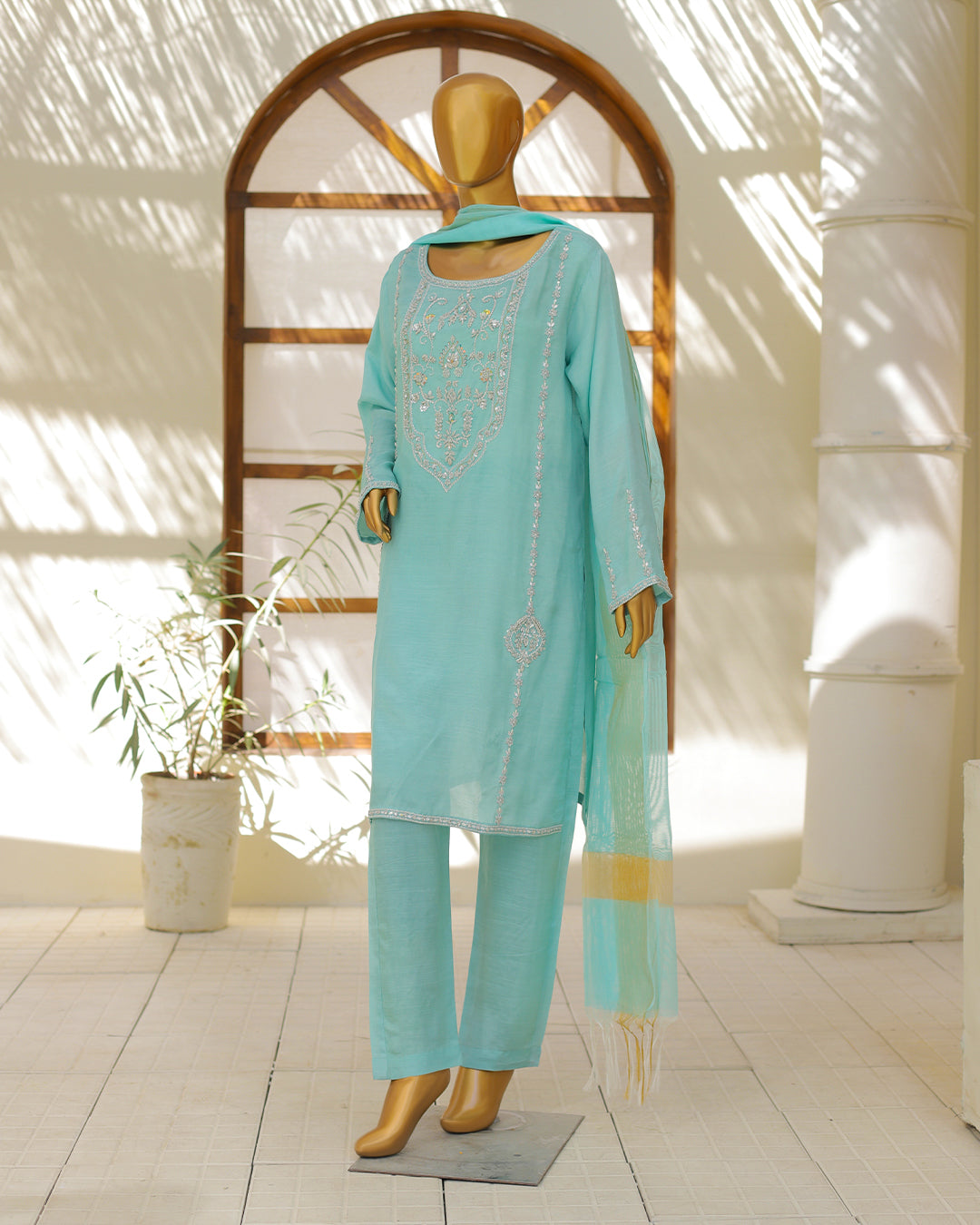 Aqua Blue Luxury Embroidered 3-Piece Suit